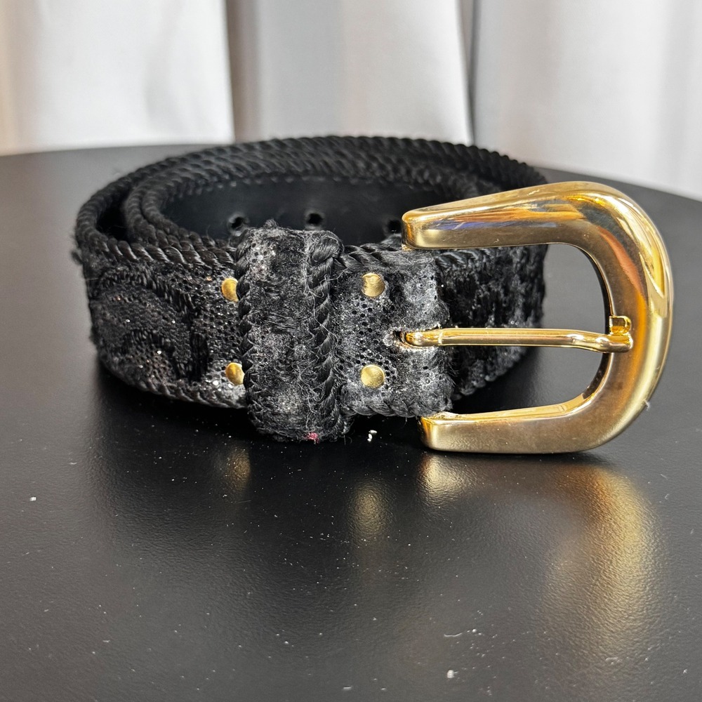 VTG Elite Fresno California Black‎ Glitter Belt Gold Buckle Women's L USA Made